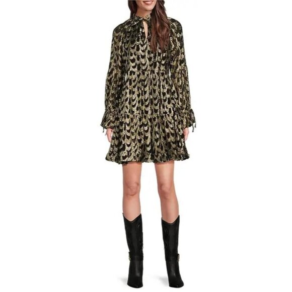 Gibson & Latimer Gold Metallic Ogee Print Tiered Mini Dress Womens M Party Event - Picture 1 of 10